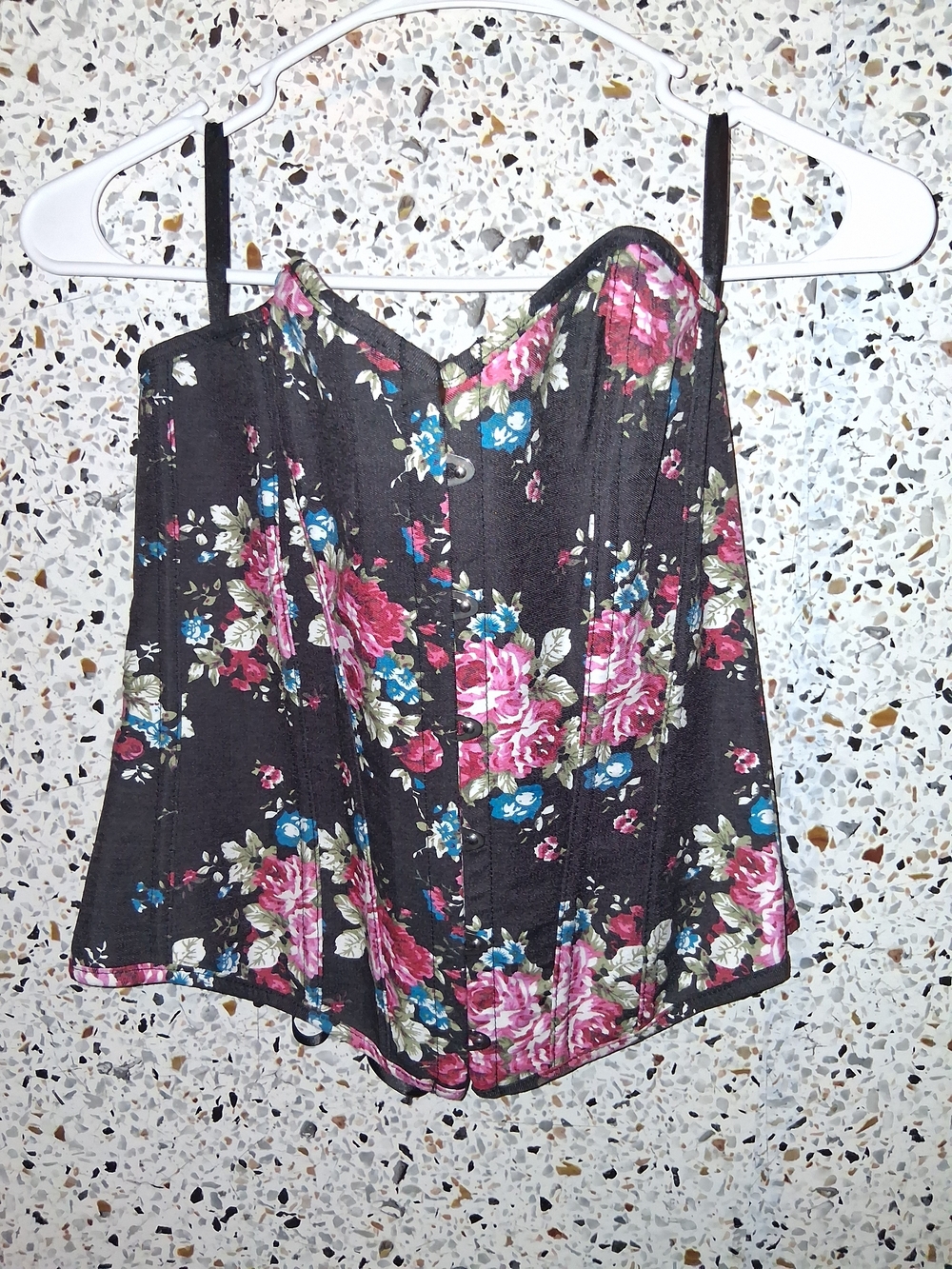 Women's Corset Black Floral Denim Size Large Lace Up Back